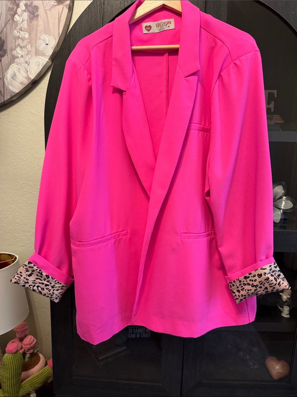 Southern Fried Chicks Bright Pink Open Front Blazer with Leopard Cuff